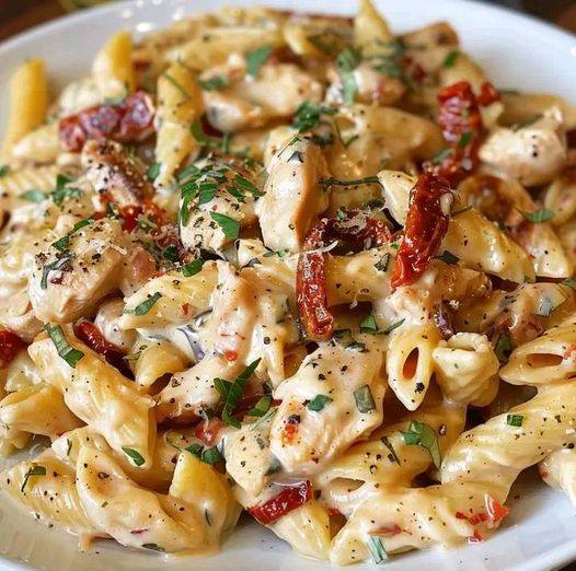 Sun-Dried Tomato Pasta with Chicken and Creamy Mozzarella Sauce