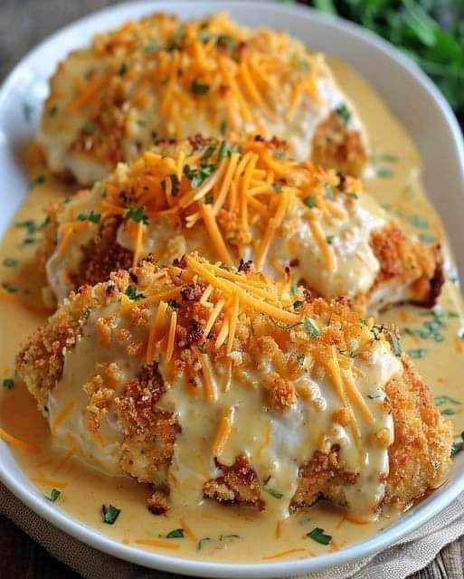 Crunchy Ritz Cracker Chicken with Cheddar Cream Sauce