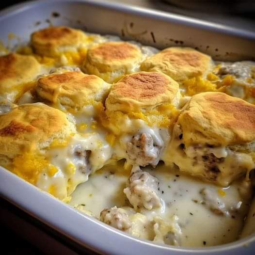 Biscuits and Gravy with Sausage and Egg Breakfast Casserole