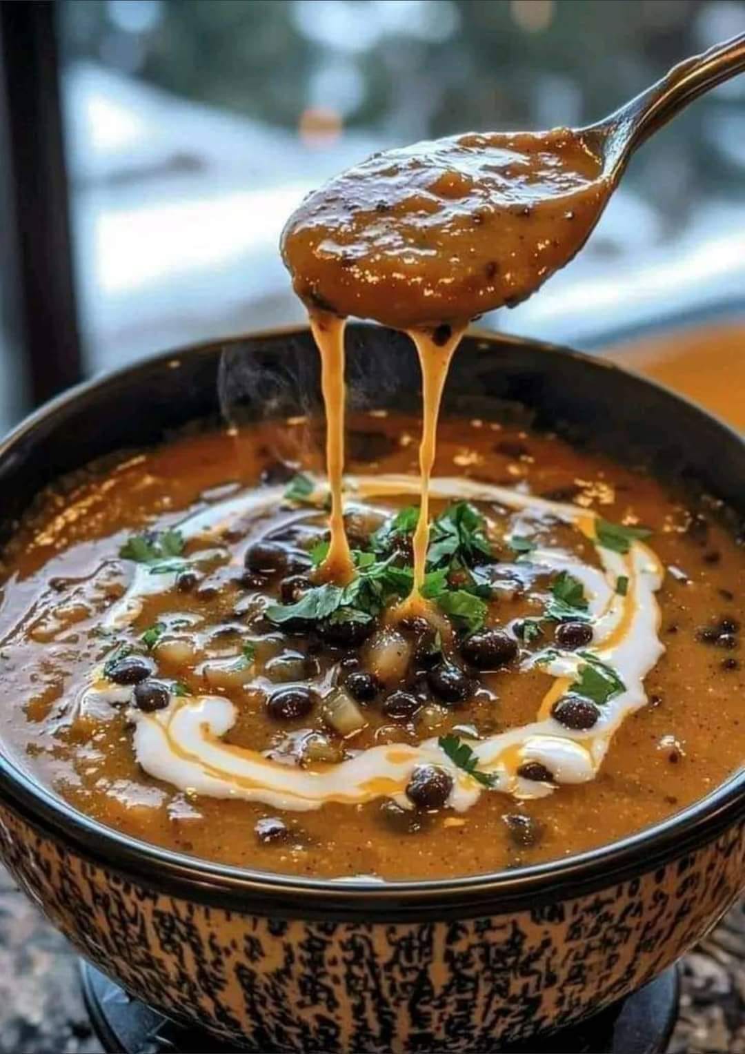 Black Bean Pumpkin and Butternut Squash Soup with Cream Cheese