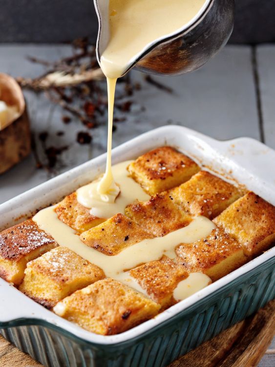 Bread Pudding in Casserole with Vanilla Sauce