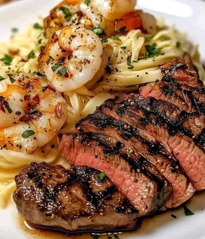 Blackened Steak and Shrimp Scampi