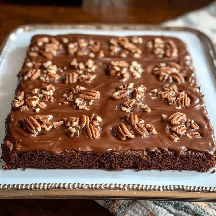 Texas Sheet Cake with Chocolate Frosting and Pecans