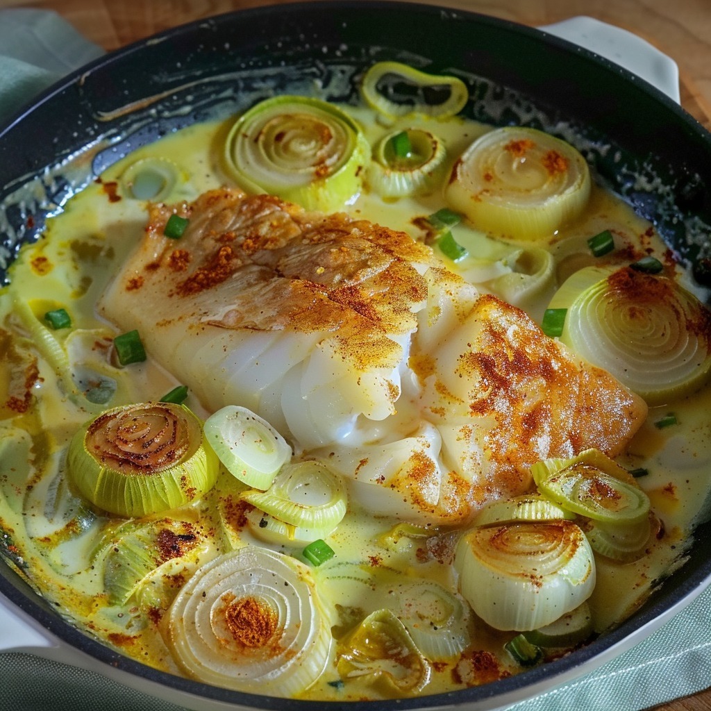 Cod steak on a bed of leeks and mushrooms