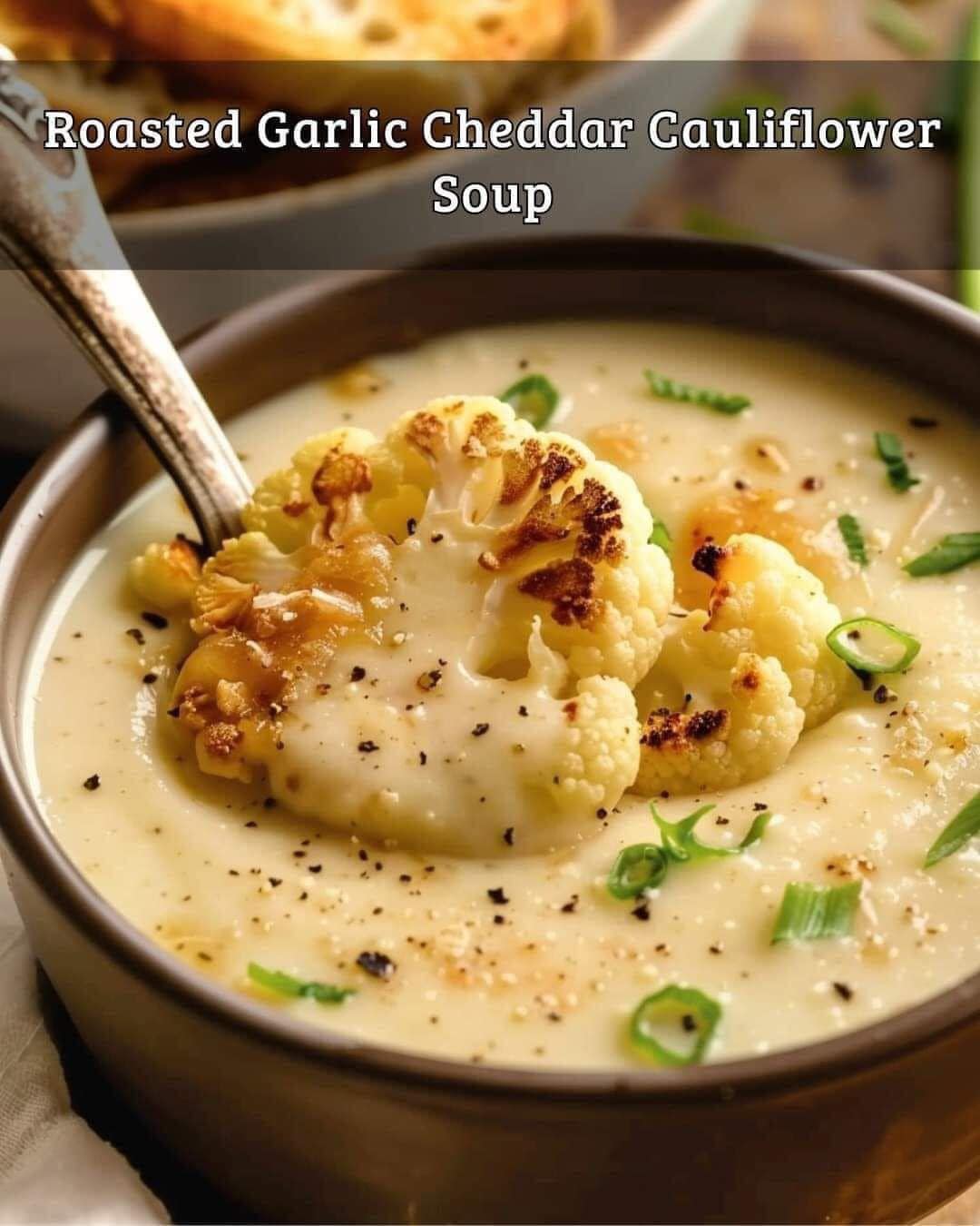 Roasted Garlic Cheddar Cauliflower Soup