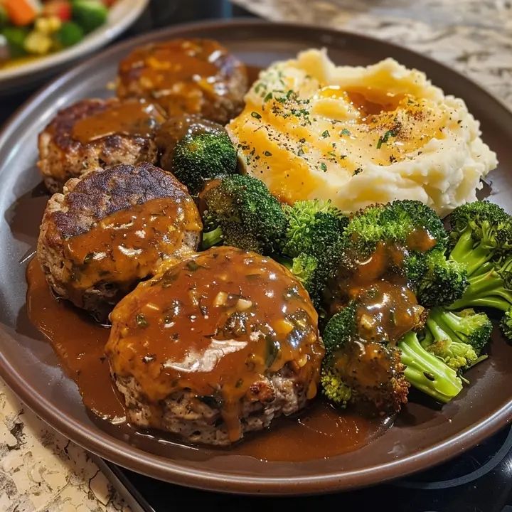 Salisbury steaks, mash potatoes, broccoli with cheese, and rolls. 