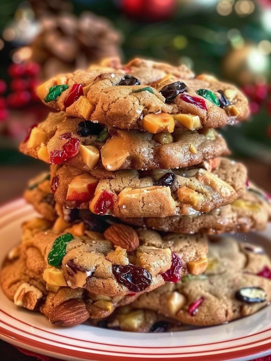 Enjoy these chewy and decadent fruitcake cookies loaded with candied fruit, nuts, and spices for a delightful treat!