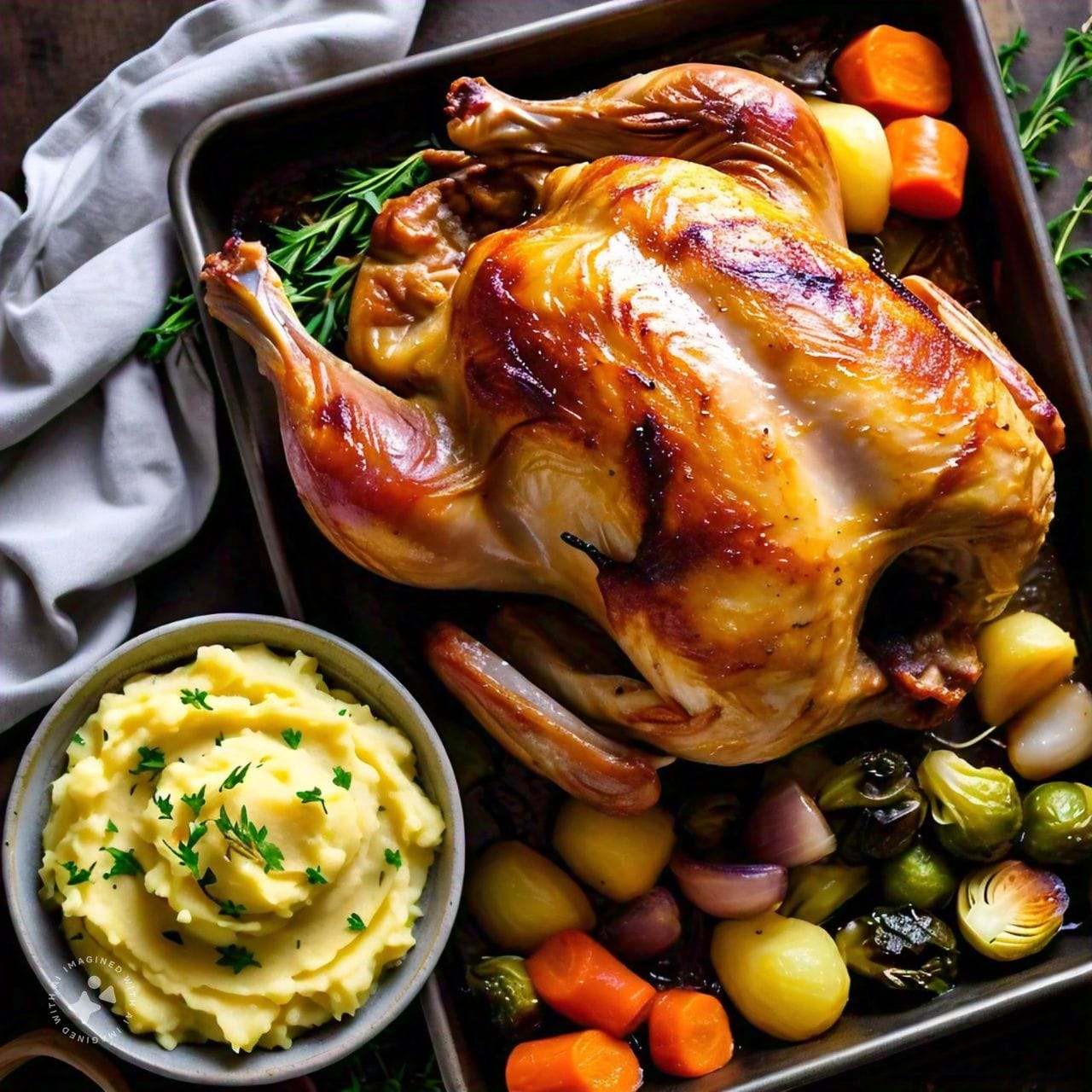 A delicious golden-brown turkey with smashpotatoes side dish: