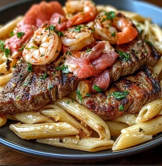 Grilled Steak and Shrimp Penne Pasta Delight